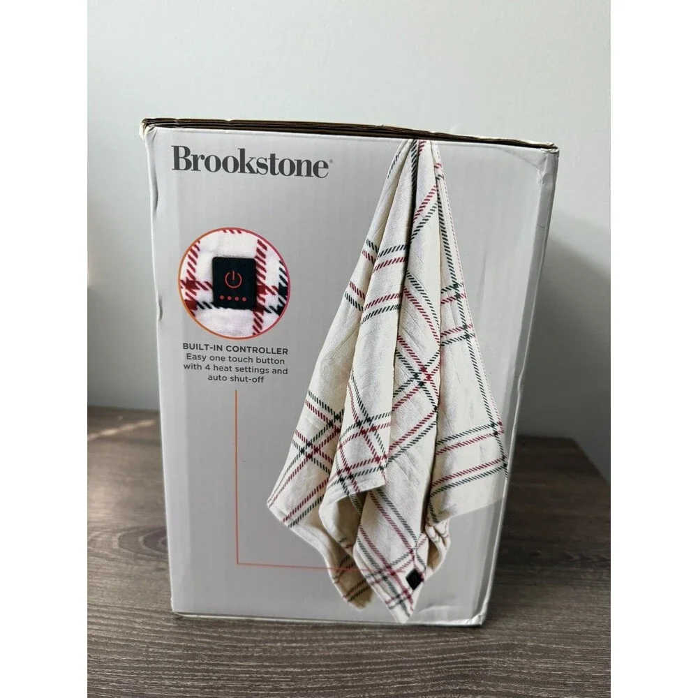 Brookstone Cozy Heated Plush Throw w/ Controller, 4 Heat, Auto Off, 50x60 Plaid